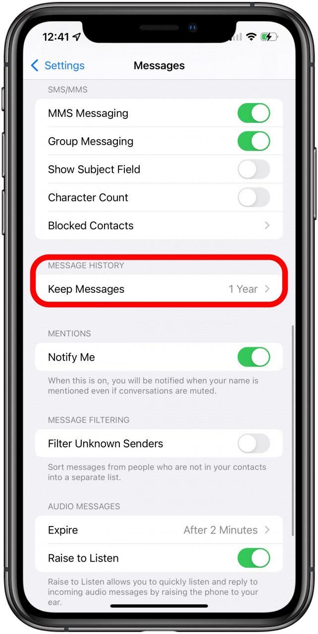 Tap Keep Messages - text history iphone