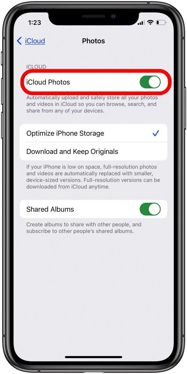 toggle off icloud photos