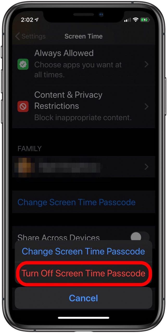 Turn off screen time passcode