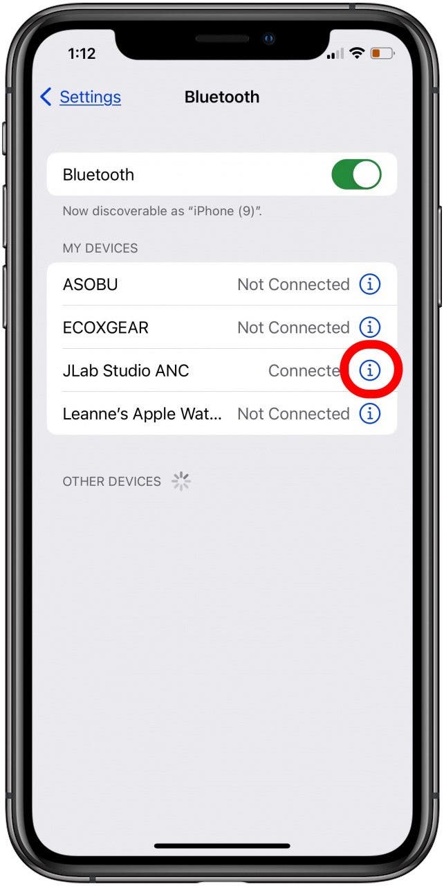 tap the info icon next to the bluetooth device 