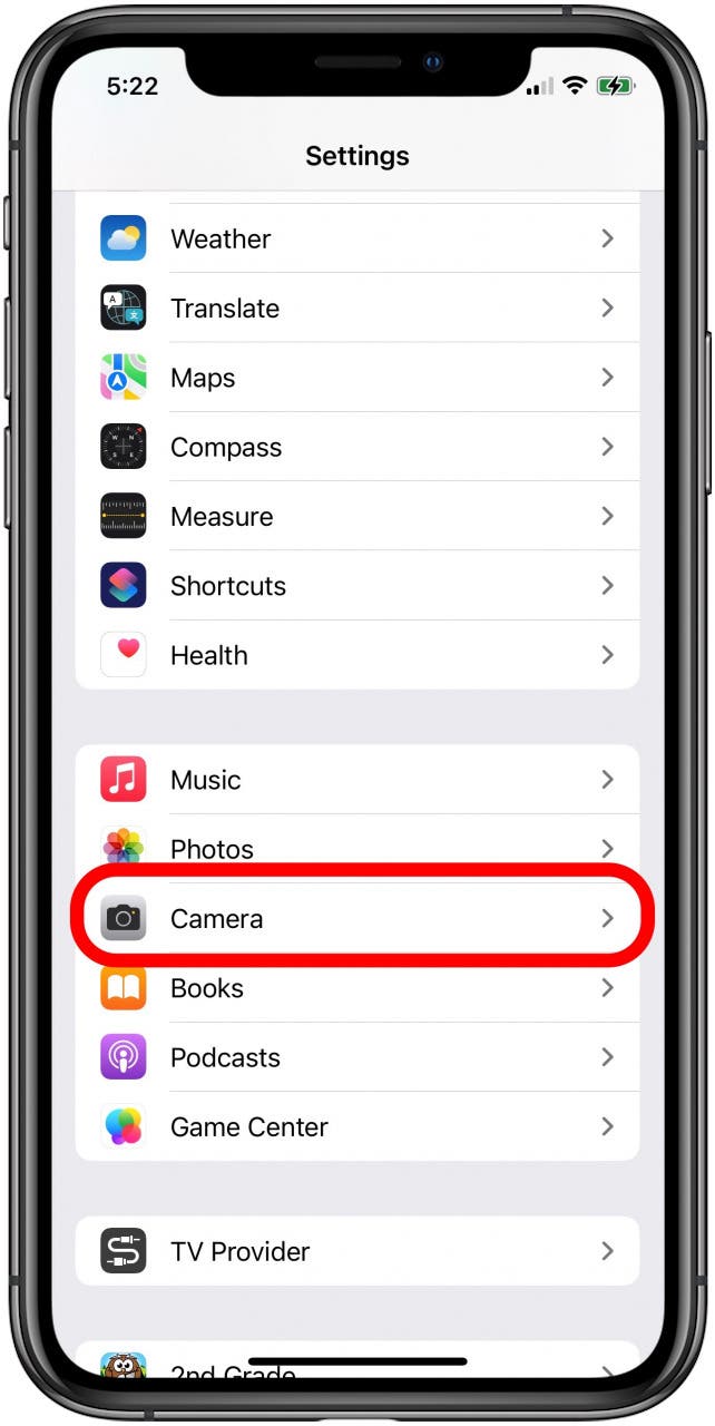 tap camera in iphone settings