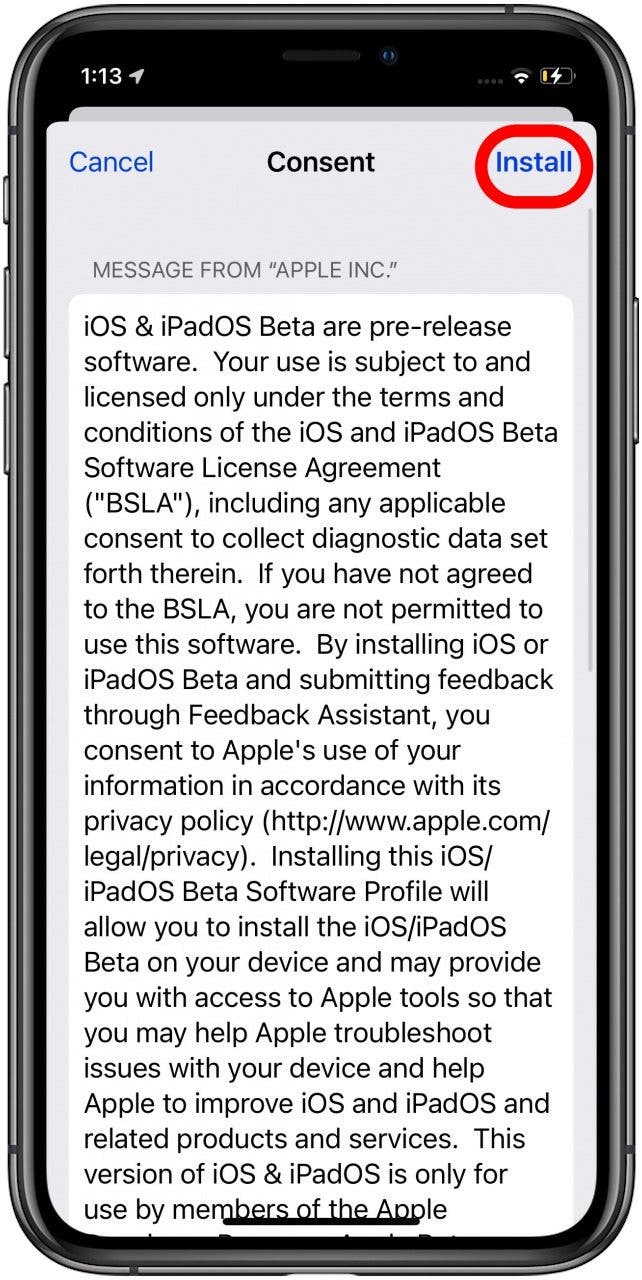 tap install again to install ios 16 public beta