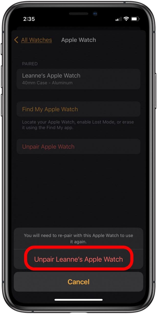 tap unpair apple watch again to disconnect apple watch from iphone