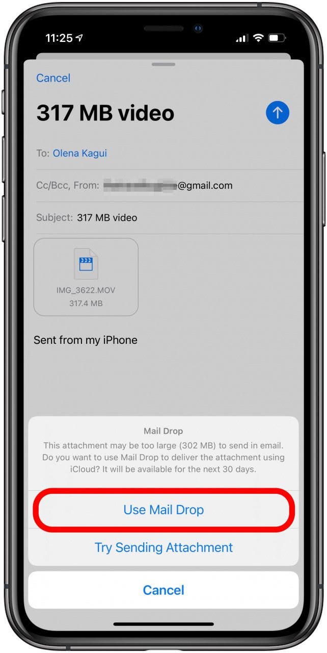 Use Mail Drop for attaching files under 5GB