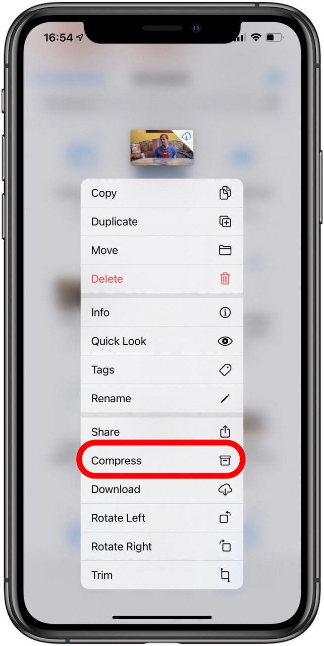 Tap and hold the file until a menu appears. Then tap Compress.