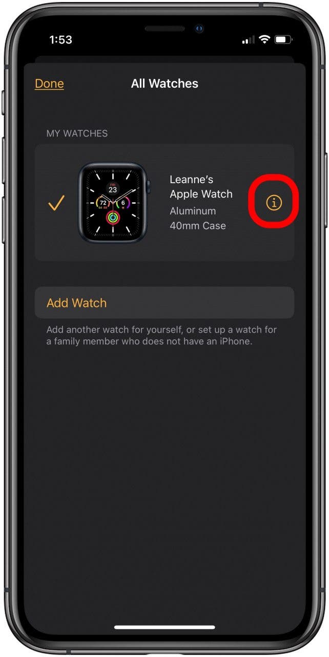tap i icon on apple watch to reset apple watch