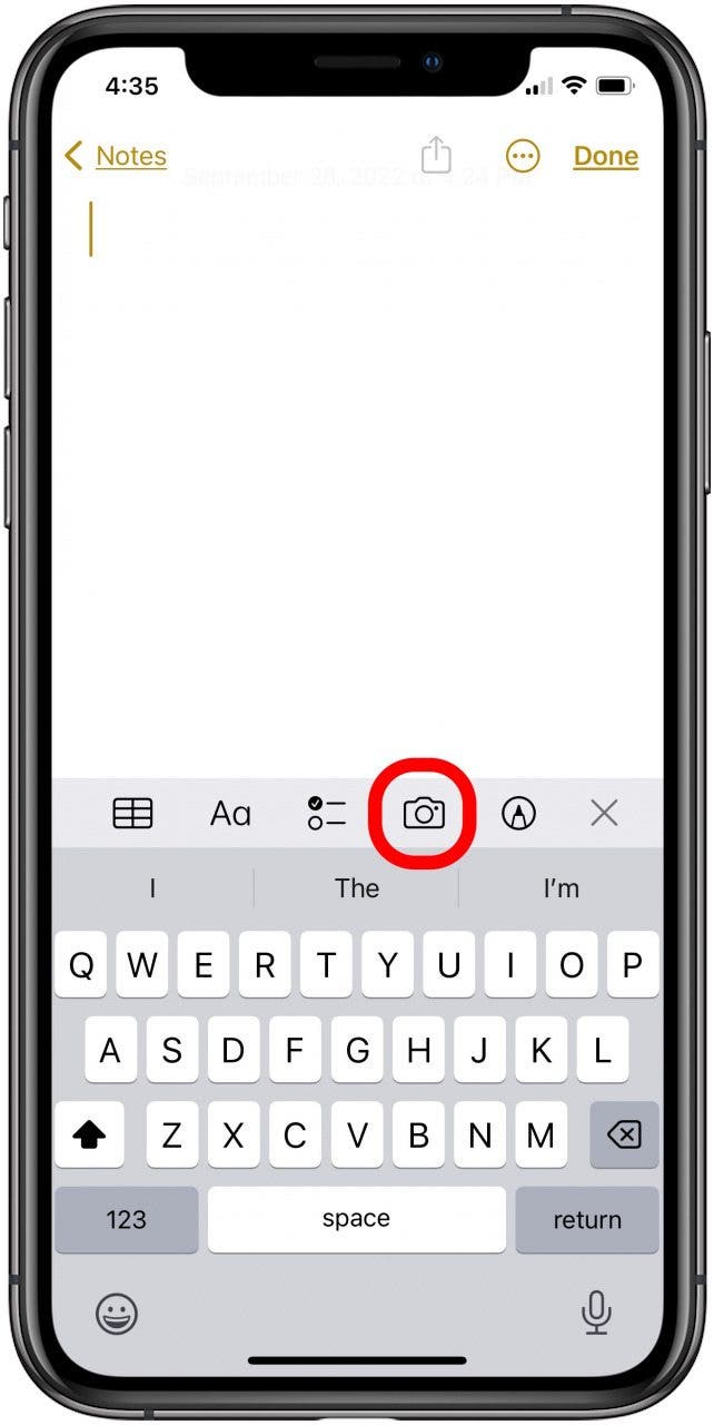 tap the camera icon to scan with iphone in the notes app