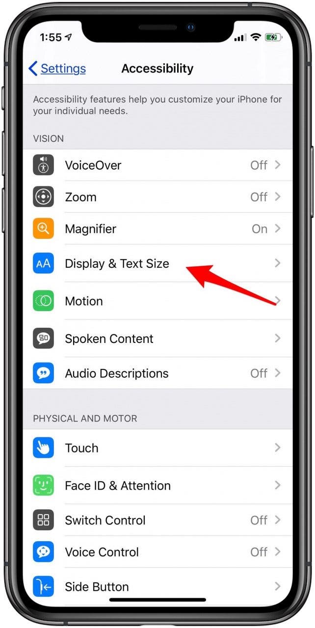 iphone display and text size accessibility features