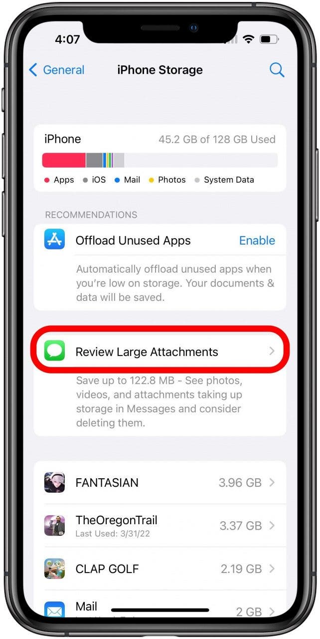 iPhone Storage Settings screen with Review Large Attachments option marked