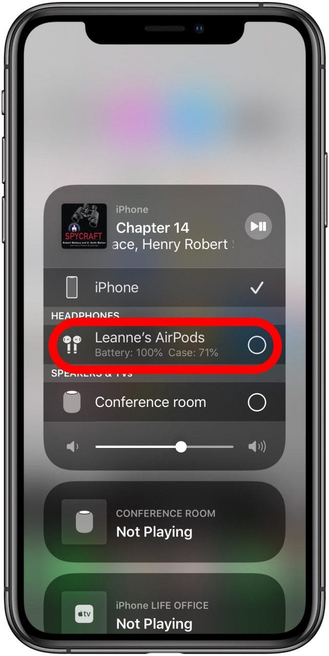 AirPods skip: iPhone AirPlay menu with AirPods highlighted