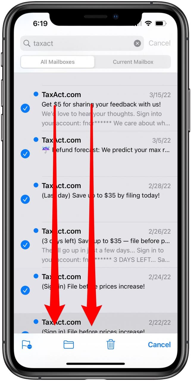 Mail search screen with all mail on the screen selected and two downward arrows to indicate a two finger tap and drag.