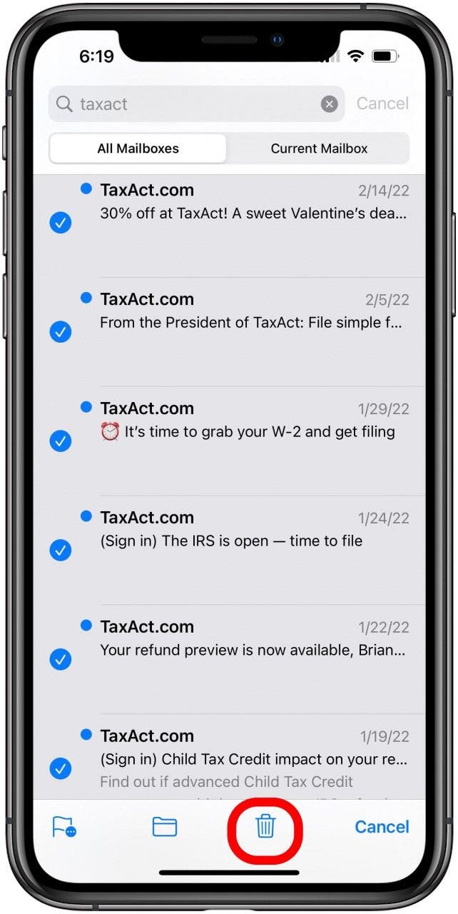 Mail search screen with all mail on screen selected and the trash icon marked.