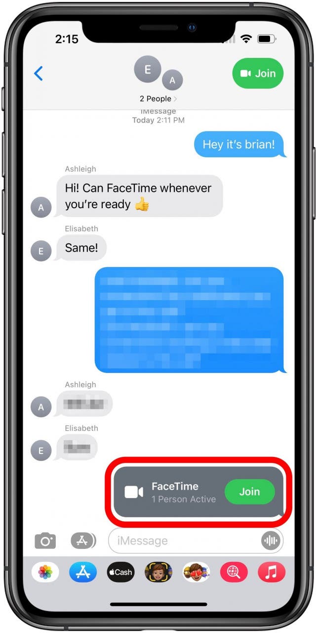 Messages app in a group text with a marked in-chat notification for a FaceTime call showing a join button.