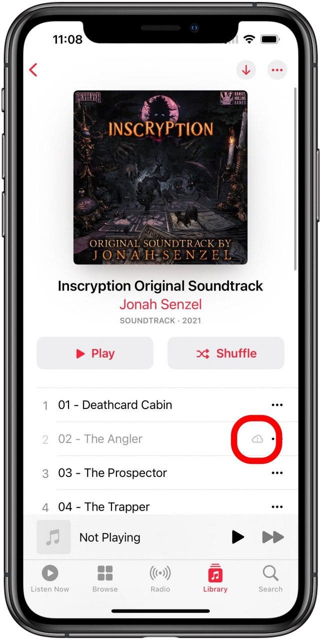 Music app with album open and a cloud error icon next to a track marked.