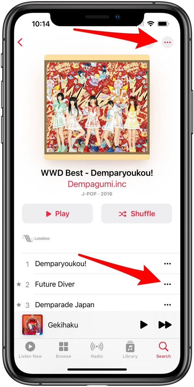 Apple Music app with an album open and the three dot buttons on the album and on a song marked.