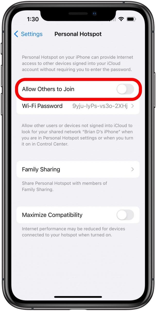Personal Hotspot settings screen with Allow Others to Join toggle marked.