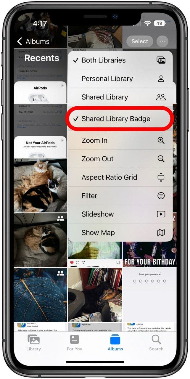 The Photos app in the Albums tab with the three dots menu open and the Shared Library Badge marked.