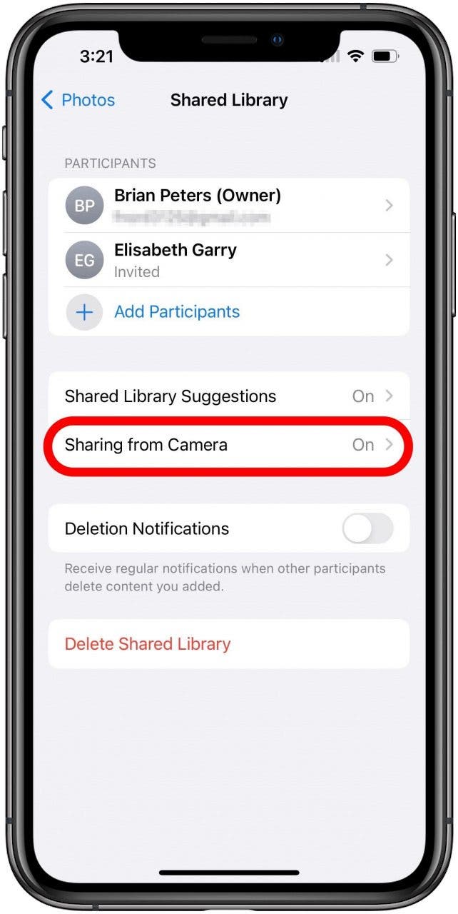Shared Library Photos Settings with Sharing from Camera option marked.