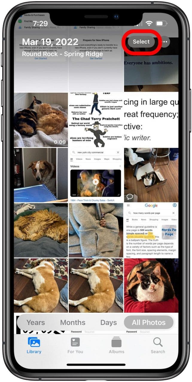 Photos app on Library screen with Select button marked.
