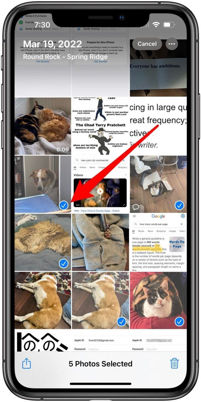 Photos app on Library screen in Select mode with some photos selected and a selected icon marked.