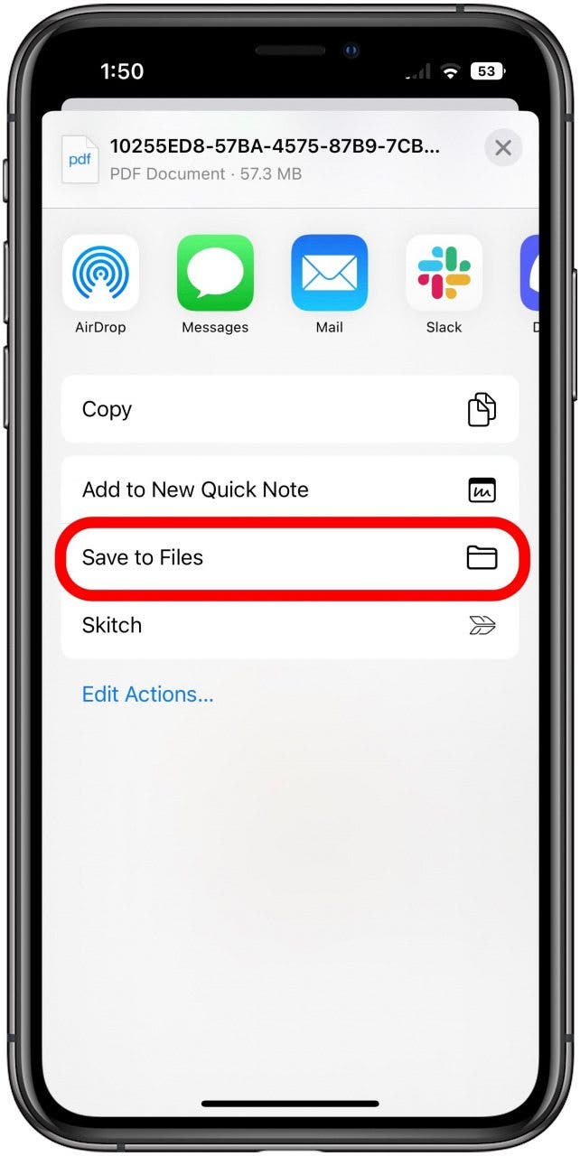 Photos Print Share menu with Save to Files option marked.