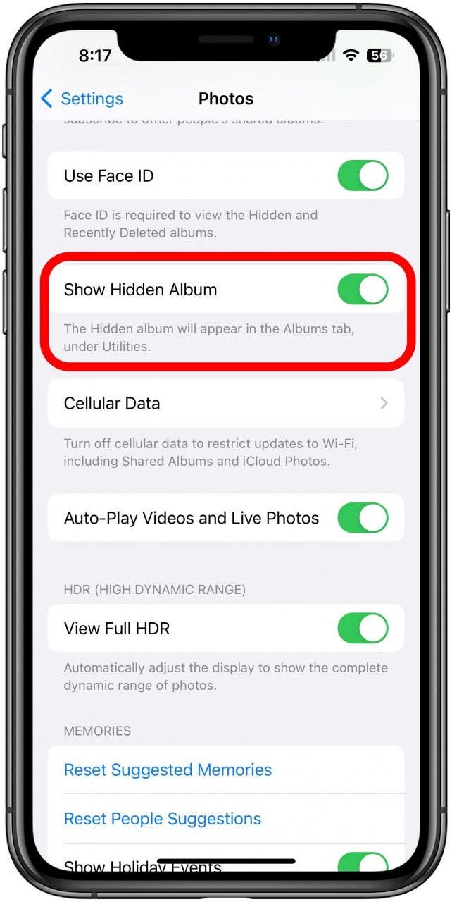 The Settings app on the Photos settings screen with the Show Hidden Album toggle marked.
