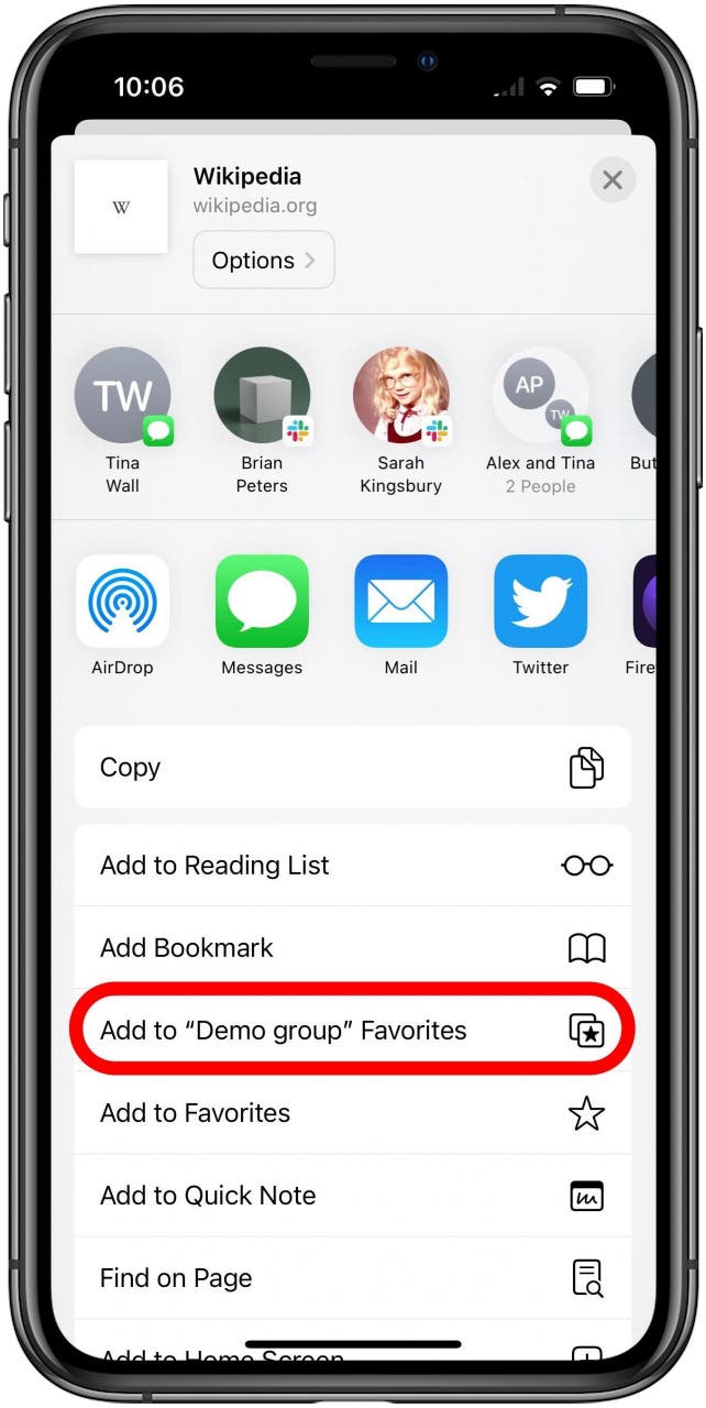 Safari app with the Share Sheet for a Group tab open with the option reading Add to "Demo group" Favorites marked.