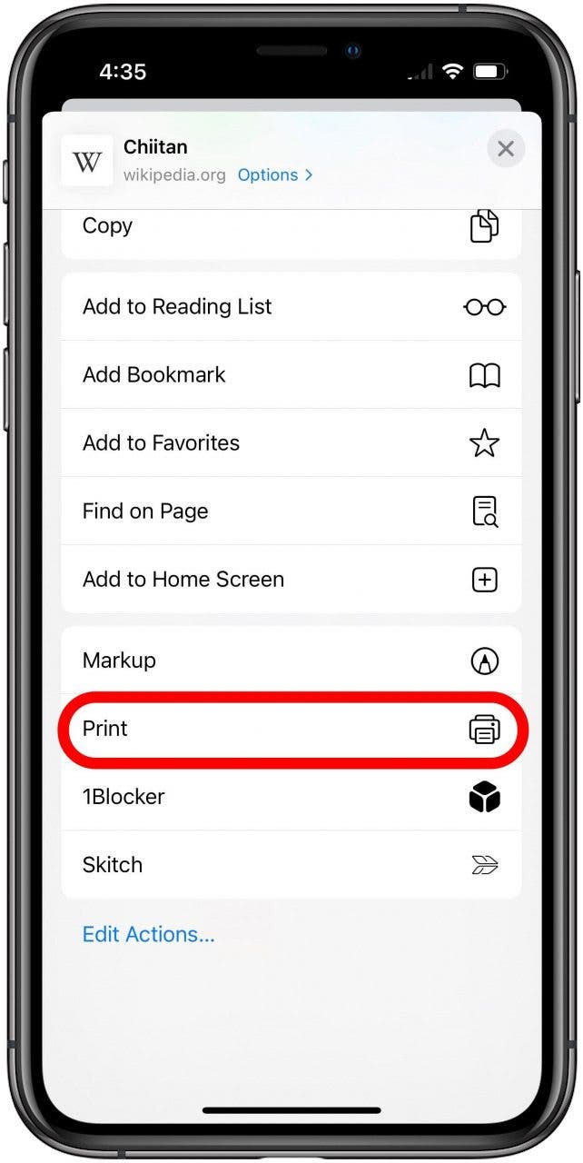 Safari Share sheet with Print option marked.