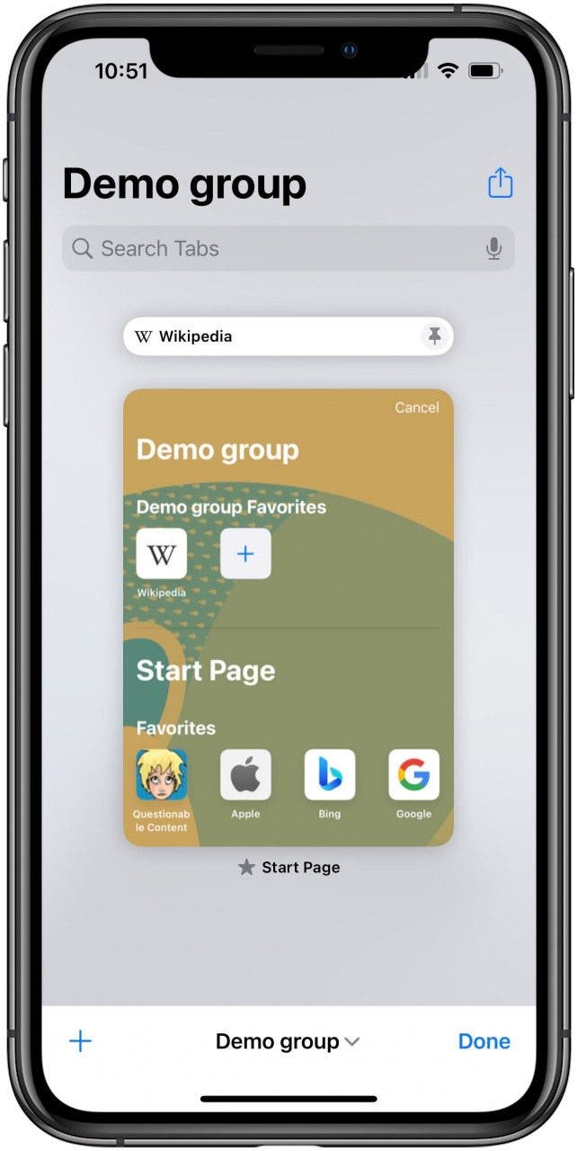 Safari app in a Tab Group with with the tabs view open. There is one pinned tab and a Start Page tab open.
