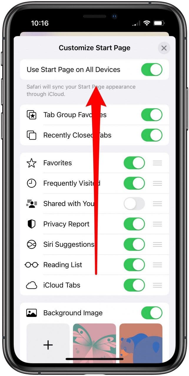 Safari app with the Customize Start Page sheet open for a Tab Group start page and a marking indicating a swipe up.