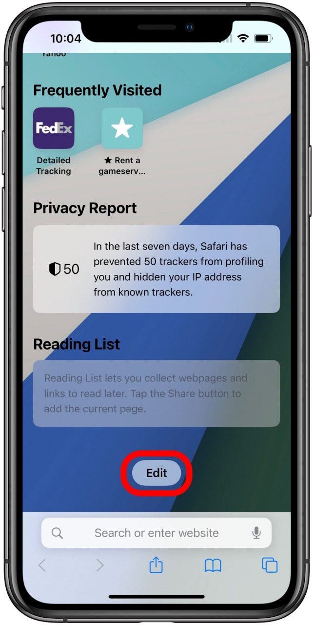 Safari app with a Tab Group Start Page scrolled to the bottom to show a marked Edit button.