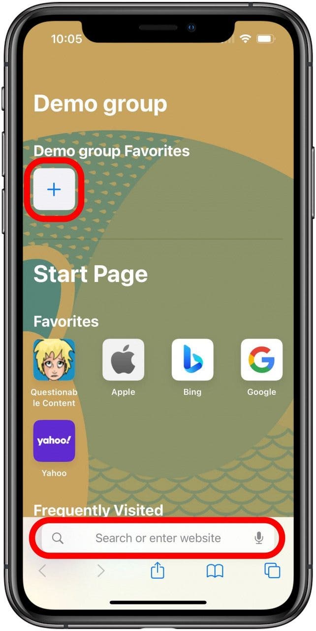 Safari Tab Group Start Page with the address bar and button to add a new Favorite marked.