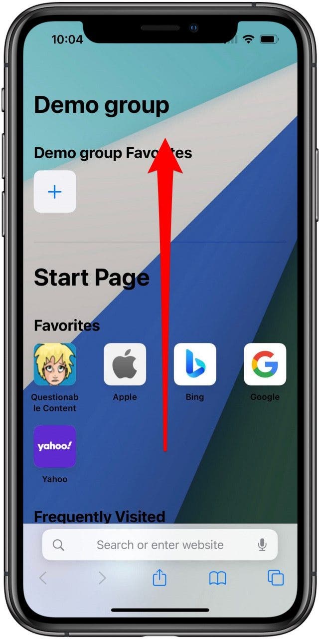 Safari app with a Tab Group Start Page open and a marking indicating a swipe up.