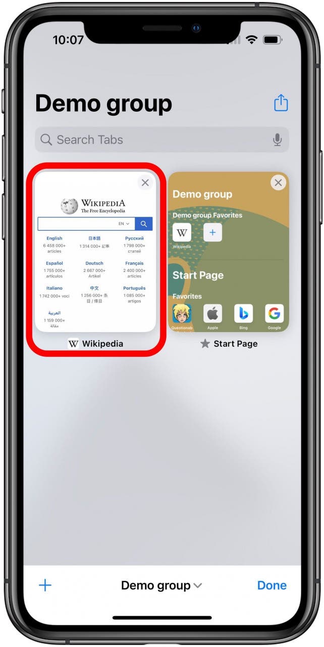 Safari app with the tabs screen for a Tab Group with two tabs open and one tab marked.