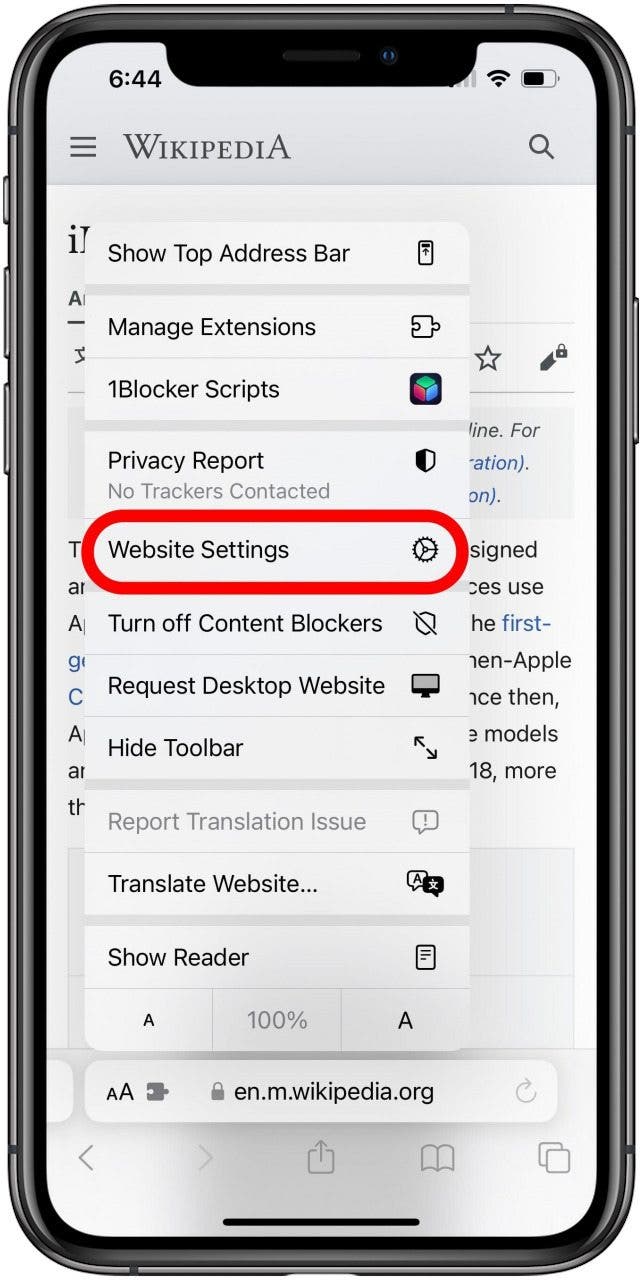 Safari in iOS with AA menu open and the Website Settings option marked.