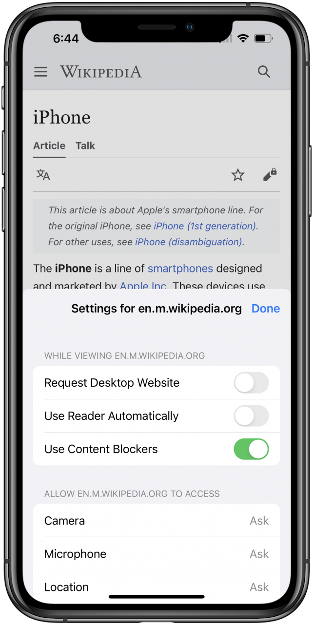 Safari in iOS with the Website Settings menu open.