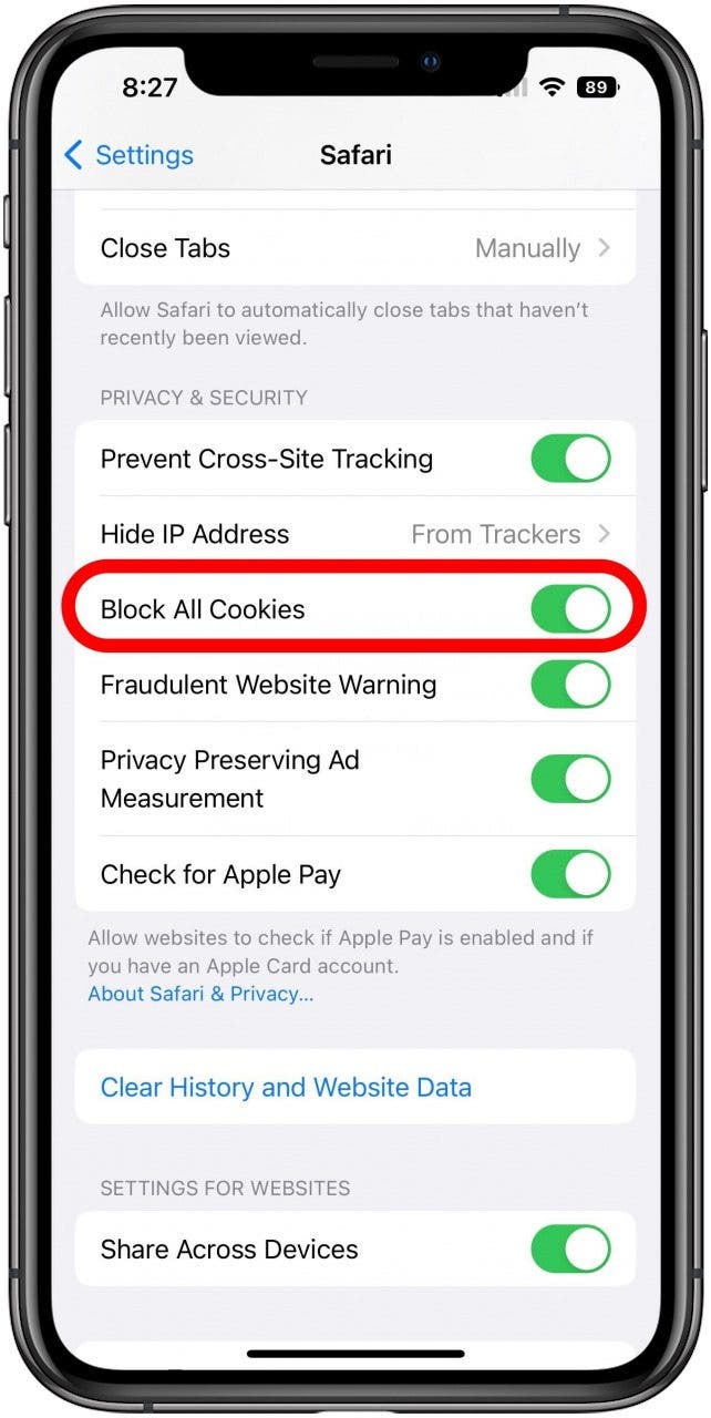 Safari Settings screen with the Block All Cookies option marked.