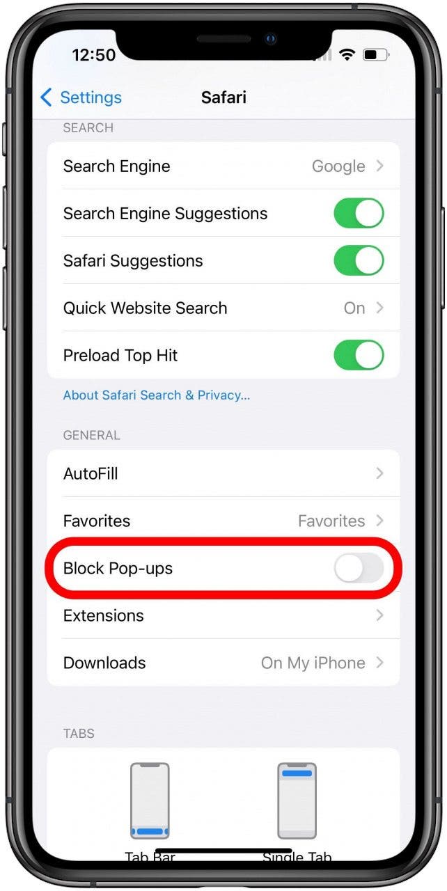 Safari Settings with disabled Block Pop-ups toggle marked.