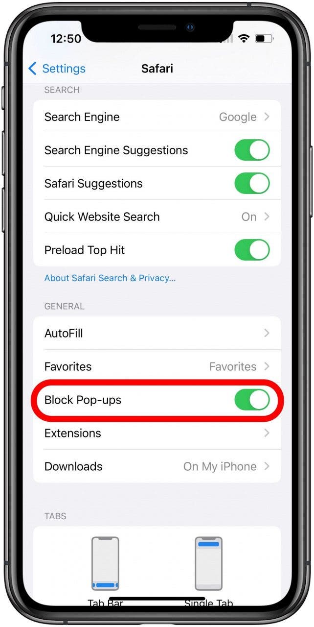 Safari Settings with enabled Block Pop-ups toggle marked.