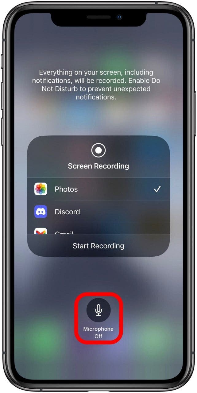 Screen Recording with the Microphone Off button marked.