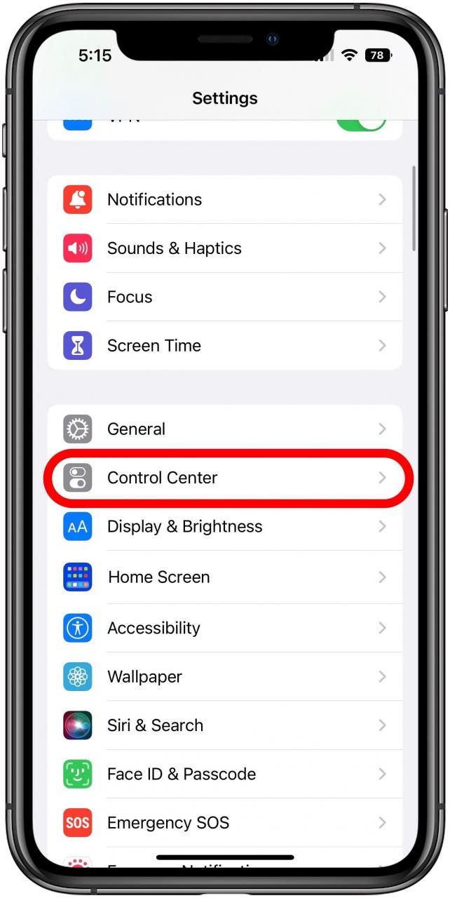 Settings screen with Control Center option marked.