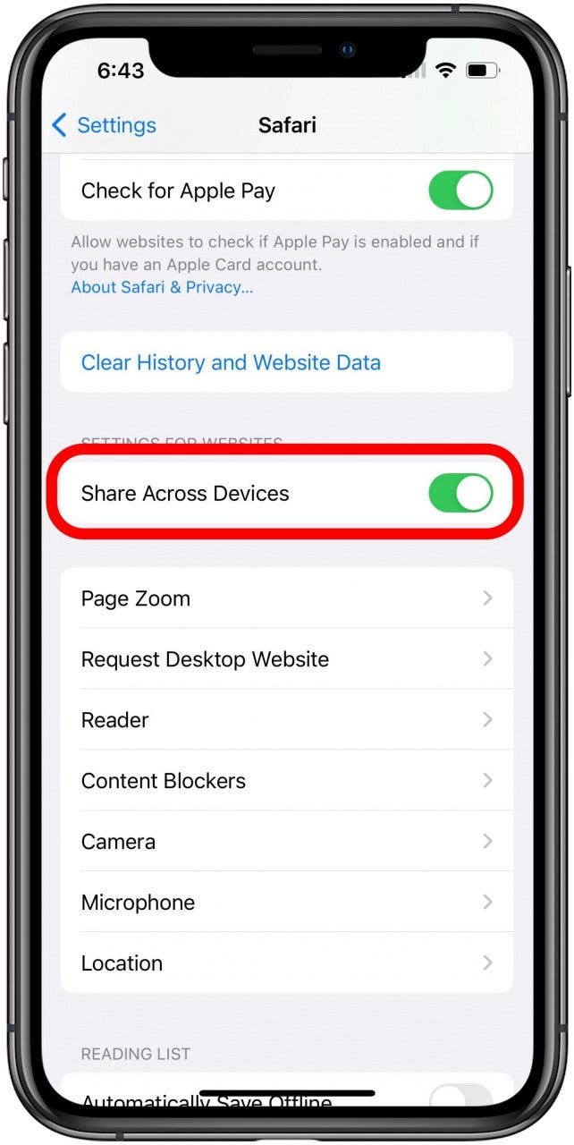 Safari Settings with Share Across Devices toggle marked.
