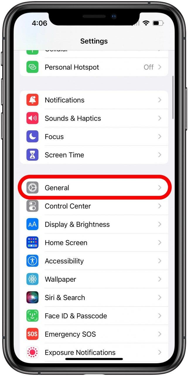 Settings screen with General option marked