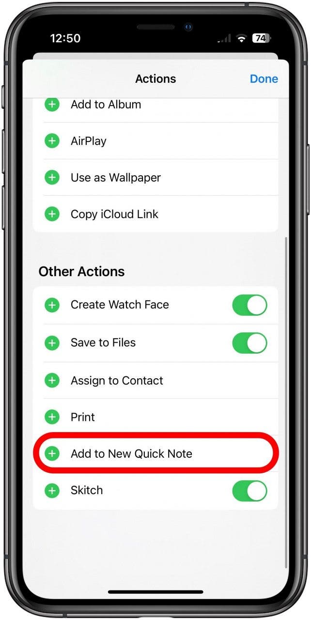 Share Sheet Edit Actions screen with the Add to New Quick Note option marked.