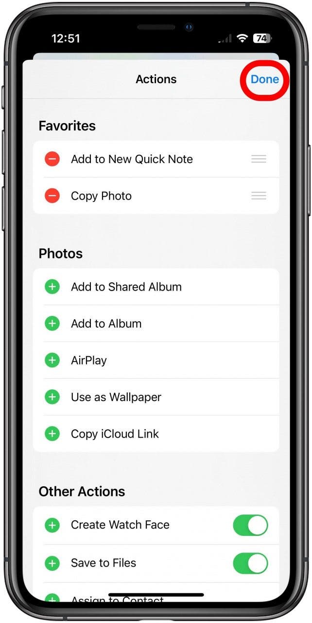 Share Sheet Edit Actions screen with the Done button marked.