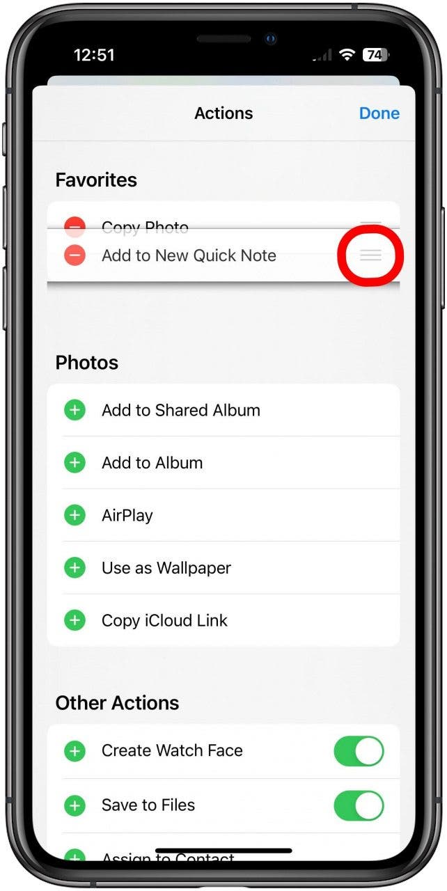 Share Sheet Edit Actions screen with the horizontal lines for rearranging Favorite actions marked.