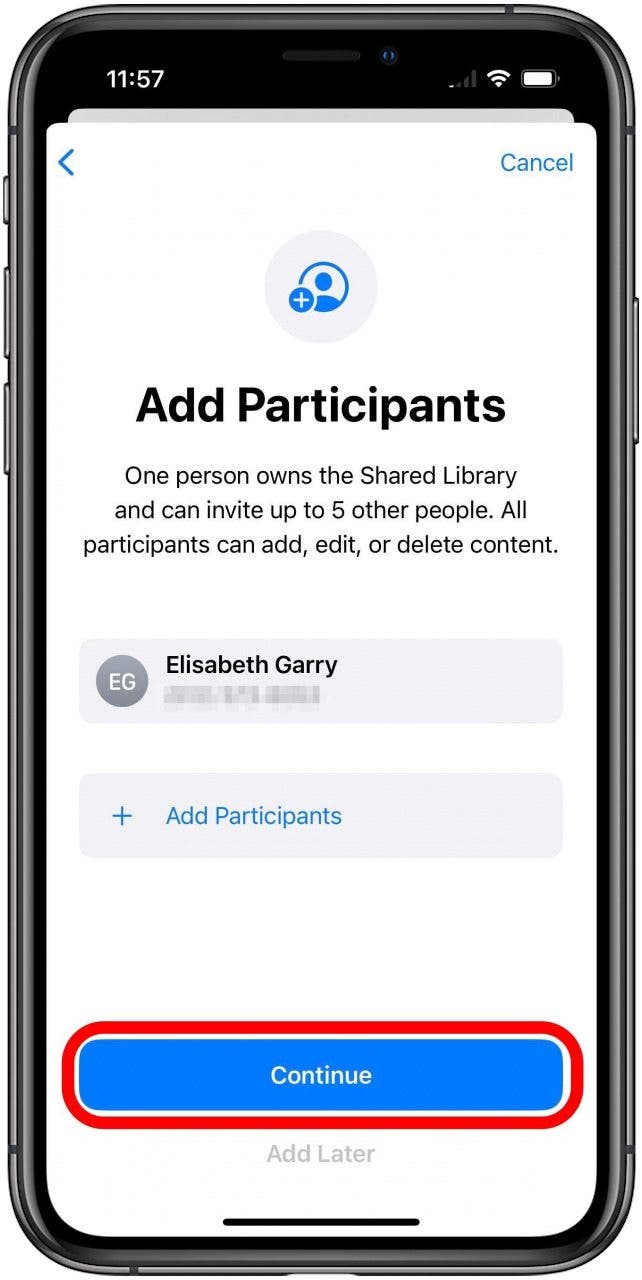 Shared Photo Library Add Participants screen with one participant added and the Continue button marked.