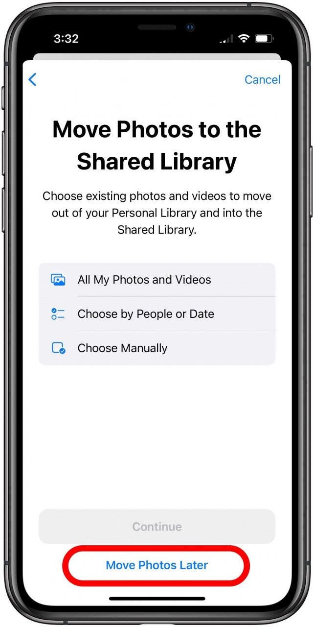 Shared Photo Library setup on the Move Photos to the Shared Library screen with the Move Photos Later button marked.