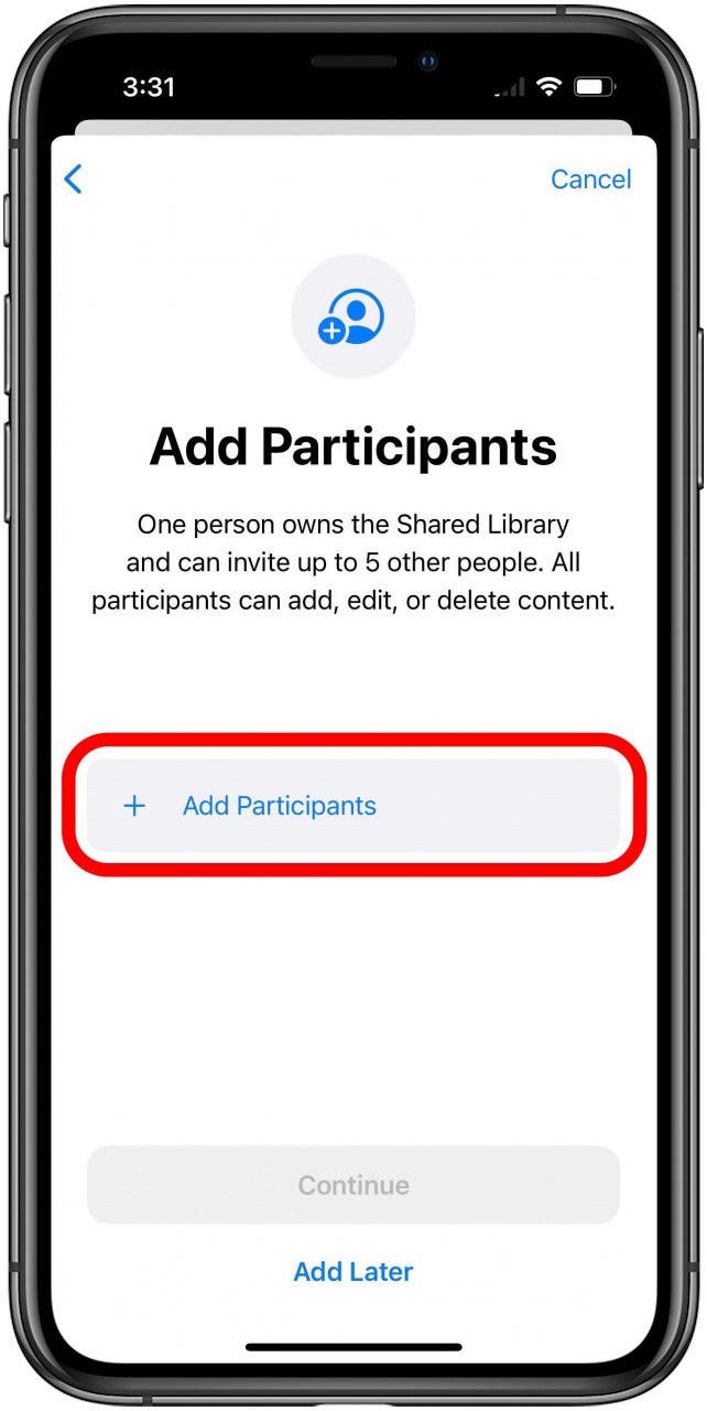 Shared Photo Library Add Participants screen with the Add Participants button marked.