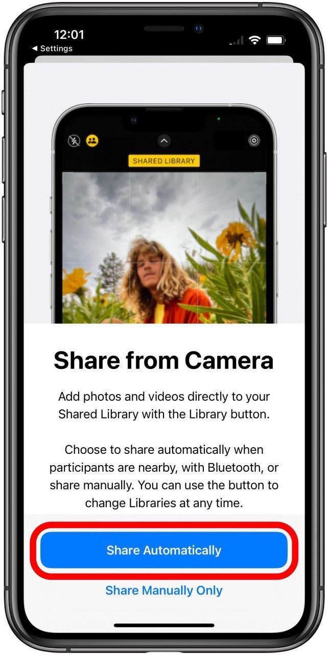Shared Photo Library on the Share from Camera setup screen with the Share Automatically button marked.
